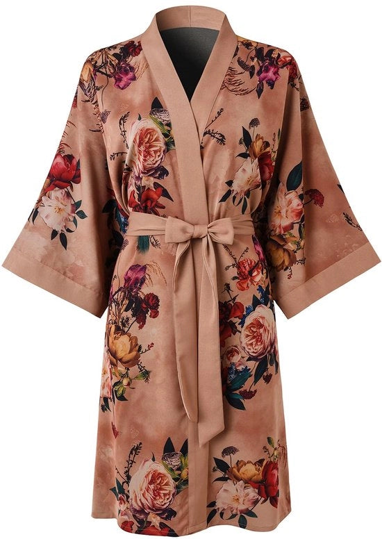 Kimono corto per donne - Abito da bagno con fiore - Camicia da notte (Champagne)