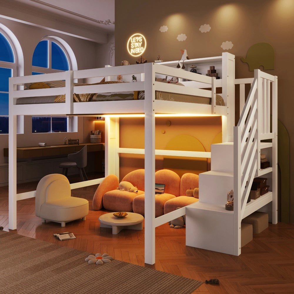 Letto a Soppalco con LED e Contenitore ¨C MINIMAL ¨C Bianco 140x200