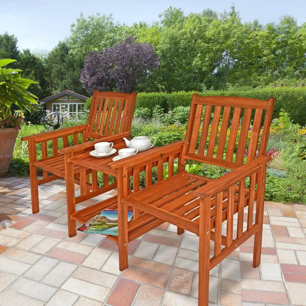Deuba CASARIA® Panchina da Giardino in Legno Acacia Resistente alle Intemperie con Tavolo Portaoggetti a 2 Posti 320kg 164x63cm Panca da Esterno Terrazza