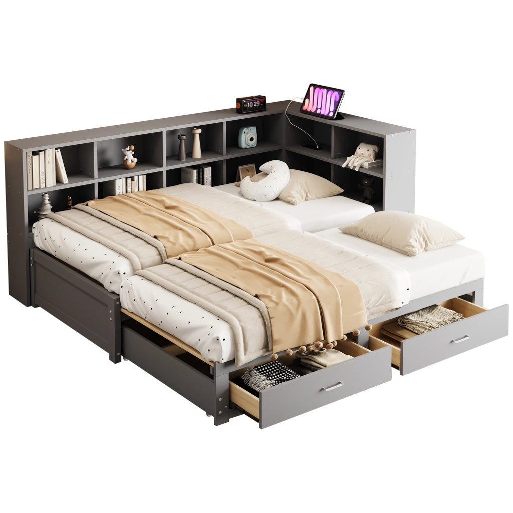 Letto Estraibile 90x190 e 180x190 cm; Letto Singolo con Cassetti; Prese e Vani - Grigio