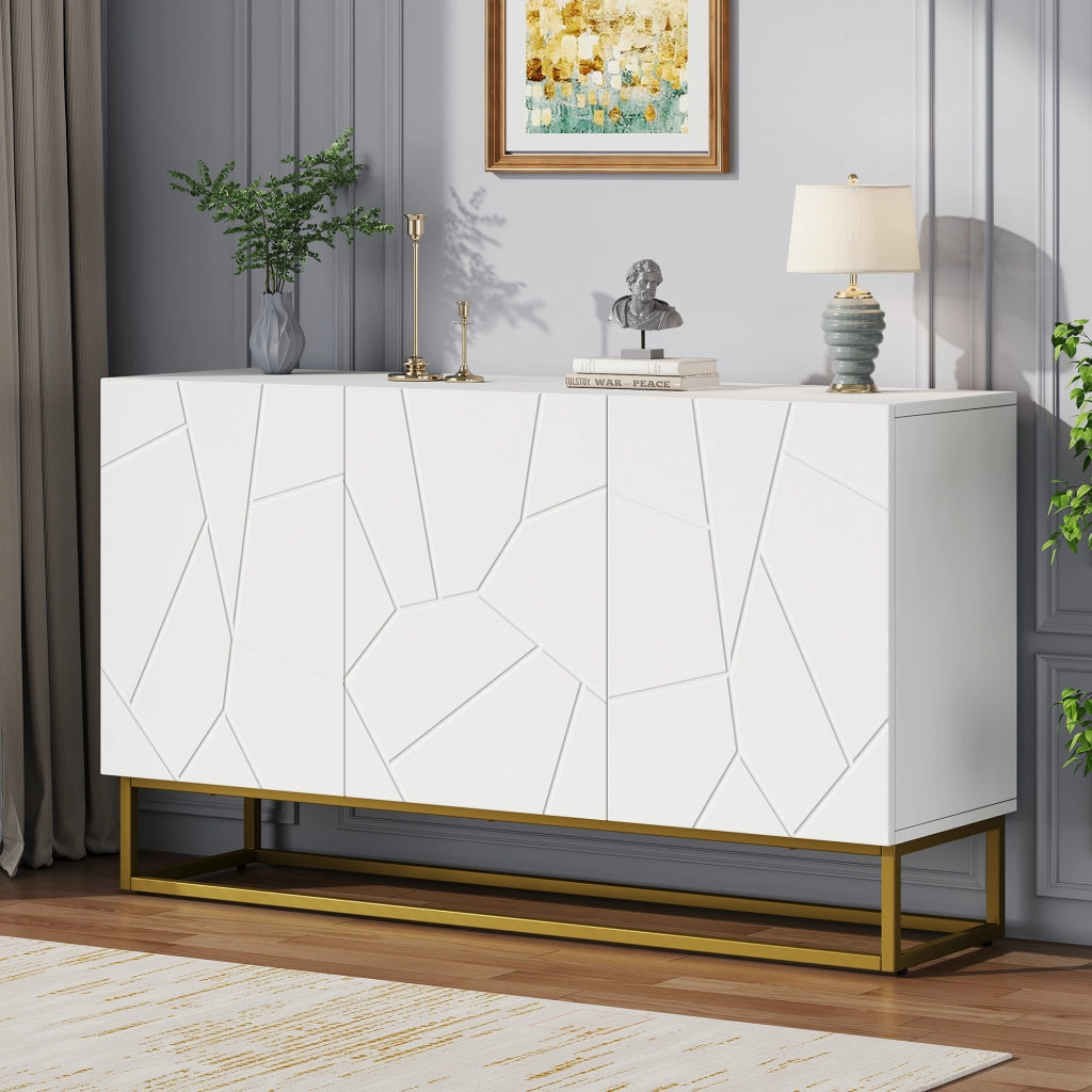 Credenza moderna bianca lucida mobile buffet 130 cm con 3 ante e base in metallo oro