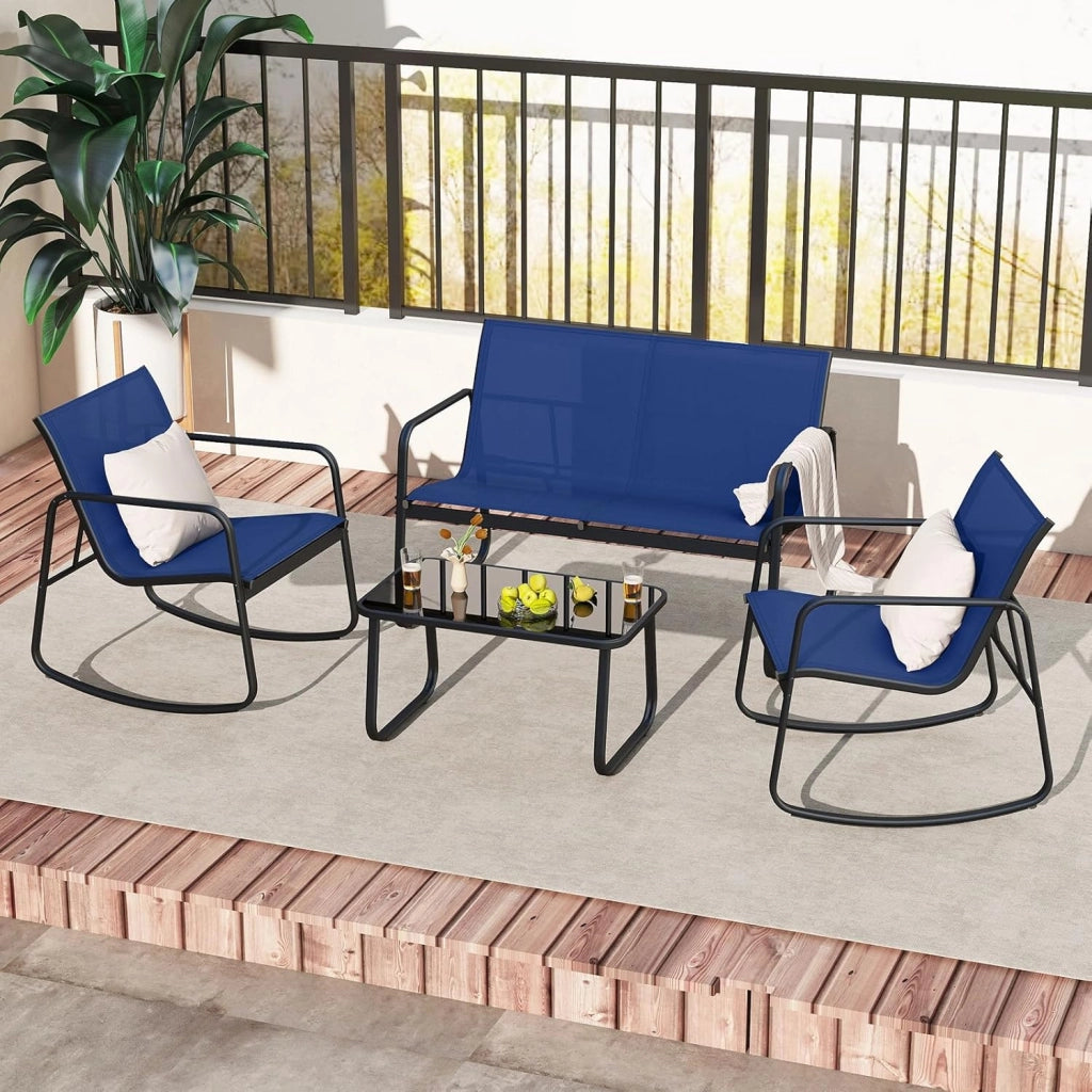 Set da Giardino 4 Pezzi in Tessuto Textilene, Set da Bistrò da Patio, Tavolo e Sedie con Tavolino in Vetro, 2 Sedie e Divanetto a Dondolo, per Giardino Coltile Terrazza (Blu)