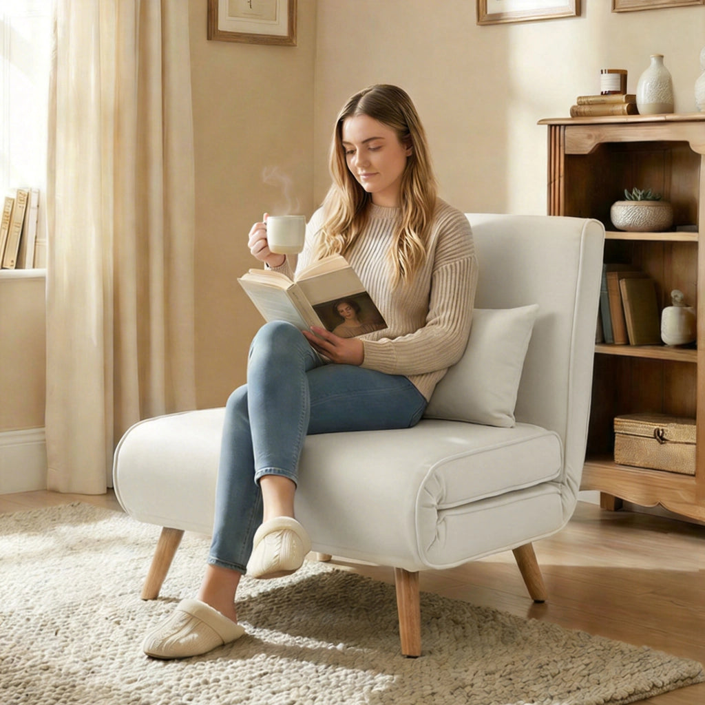 Poltrona letto singolo imbottita 3 in 1 ¨C zephmum ¨C tessuto crema con cuscino