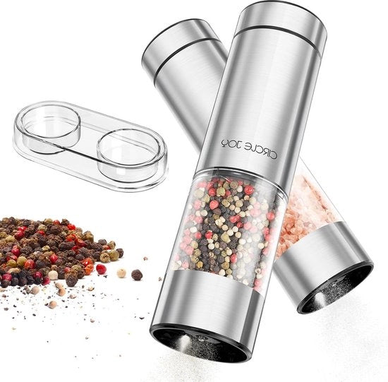 Set di Macinapepe a Batteria - Acciaio Inox con Base - Translucido e Lavabile - 95 ml - LED a LED Bianco - Coarsità Regolabile - Argento