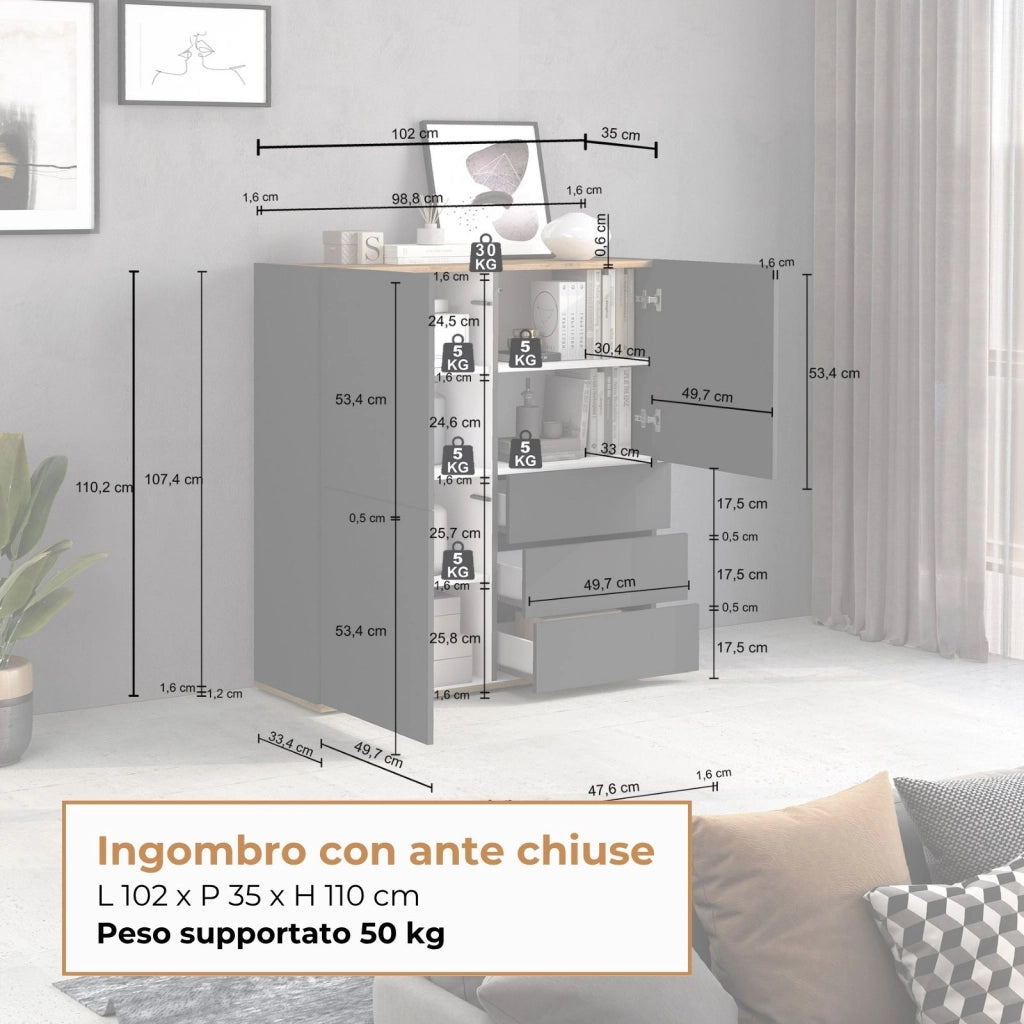 WHOUS Credenza Garda a 3 ante e 3 cassetti antracite opaco/rovere 102x35x110 cm