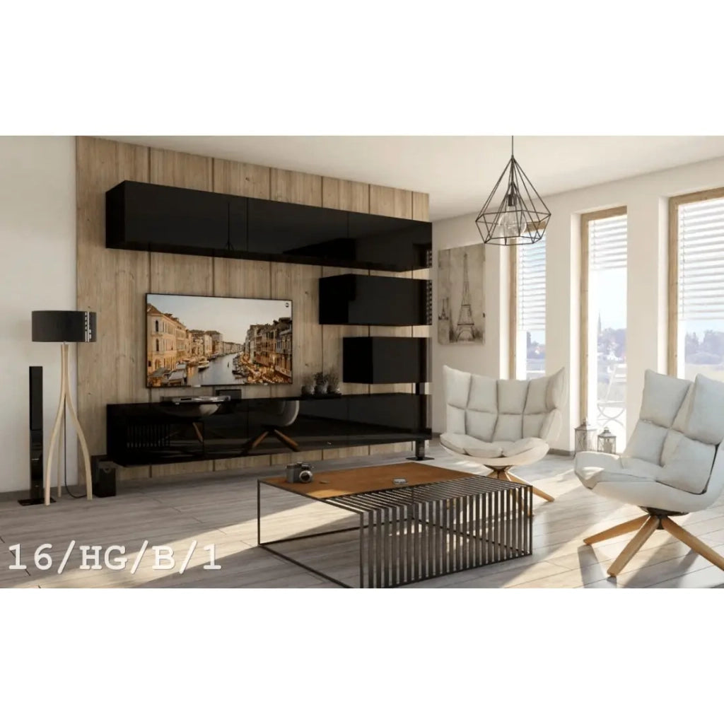 Set di mobili da soggiorno neri sospesi collezione CEPTO XVI 249cm, 8 pezzi, modulari.