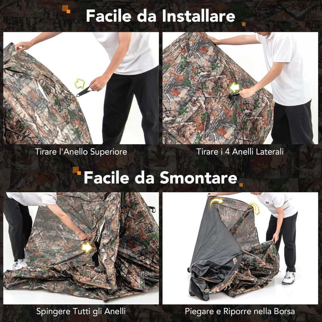 Tenda Mimetica per Caccia, 2-3 Persone, Visione a 360°, Camouflage, 249 x 211 x 175 cm