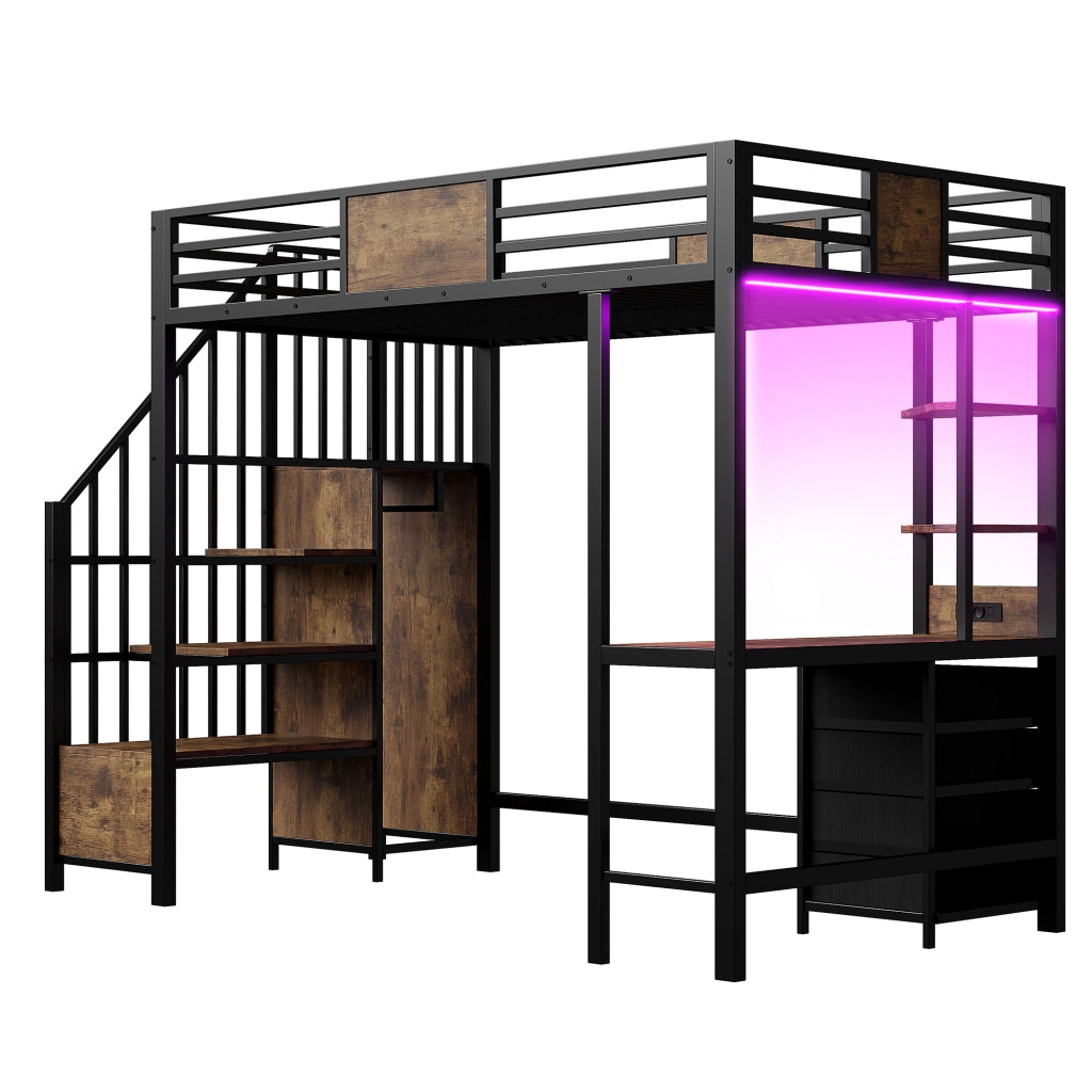 Letto a soppalco 90x200 cm in metallo nero con scrivania, ripiani, asta appendiabiti, LED e presa