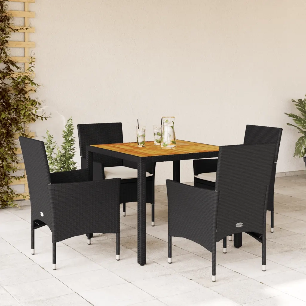 Set Pranzo da Giardino 5 pz con Cuscini Nero Polyrattan Acacia 3278664