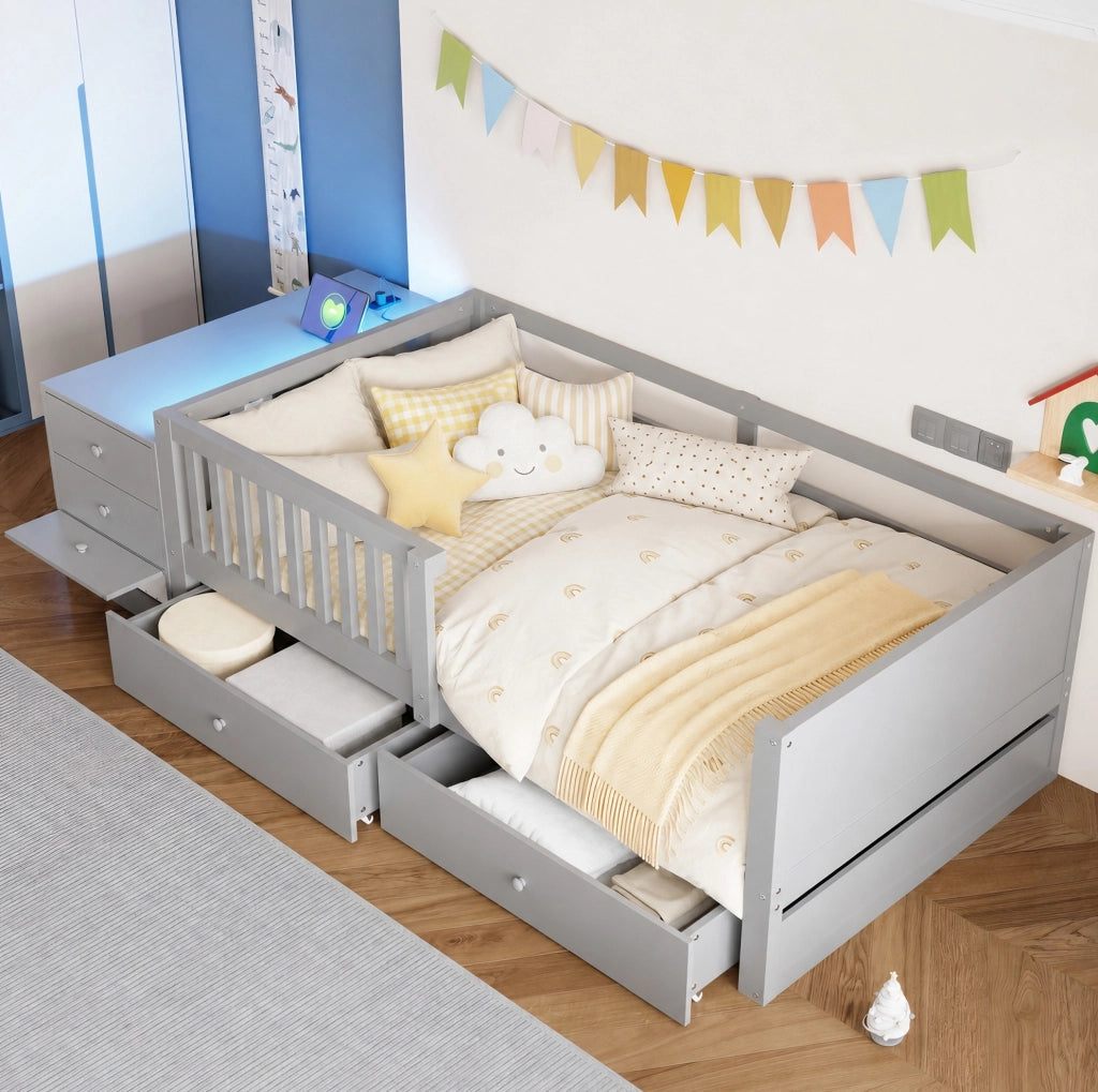 Letto a soppalco 90 x 200 cm con contenitore indipendente; presa integrata e LED; grigio