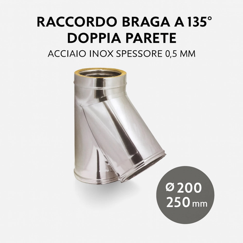 Raccordo braga 135° doppia parete metallica spessore 0,5 mm canna fumaria *** misura Ø 200/250 mm, confezione 1