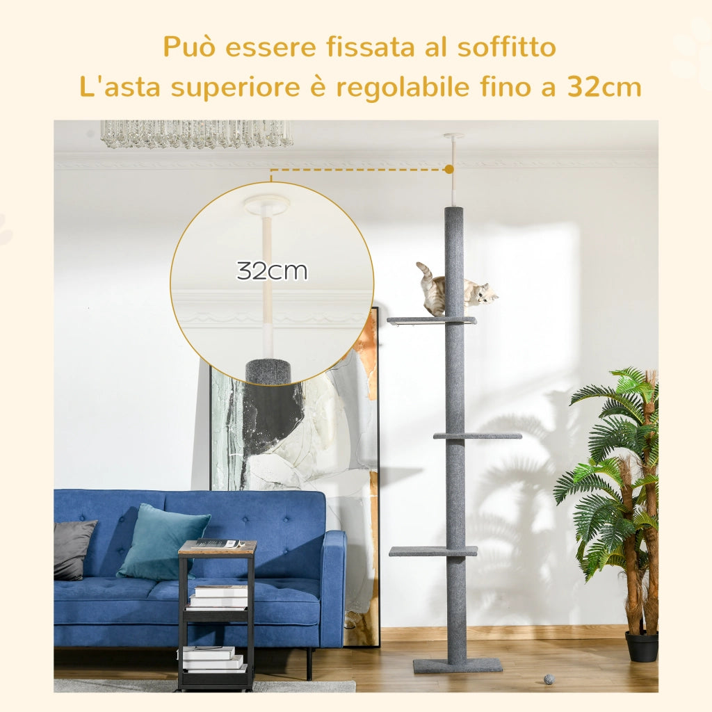 Albero Tiragraffi per Gatti a 4 Livelli ¨C Zephmum ¨C Grigio, 43x27x228-260cm