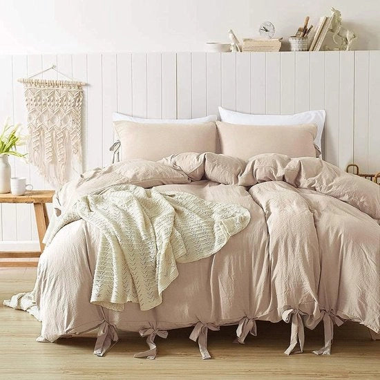 Set da letto Bohemian Chic con righe, 135 x 200 cm, Khaki, 2 pezzi, reversibile