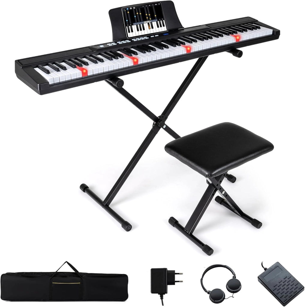 Tastiera Pianoforte Elettrico a 88 Tasti, Piano Digitale con Supporto e Sgabello Regolabili, Tastiera Sensibile, Tasti e Pulsanti Illuminati, Funzione MIDI, Pedale di Sustain, Cuffie (Nero)