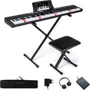 Tastiera Pianoforte Elettrico a 88 Tasti, Piano Digitale con Supporto e Sgabello Regolabili, Tastiera Sensibile, Tasti e Pulsanti Illuminati, Funzione MIDI, Pedale di Sustain, Cuffie (Nero)
