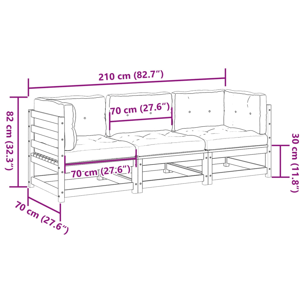 Set Divani Giardino 3 pz con Cuscini in Legno Massello di Pino 3299268