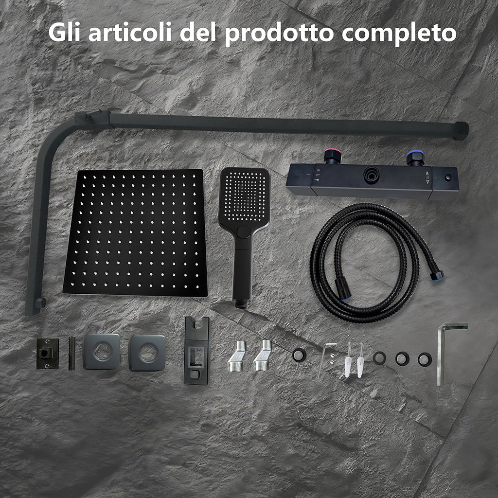 Miscelatore termostatico doccia con soffione 30x30cm e doccetta 25x10cm, colonna doccia rettangolare nero
