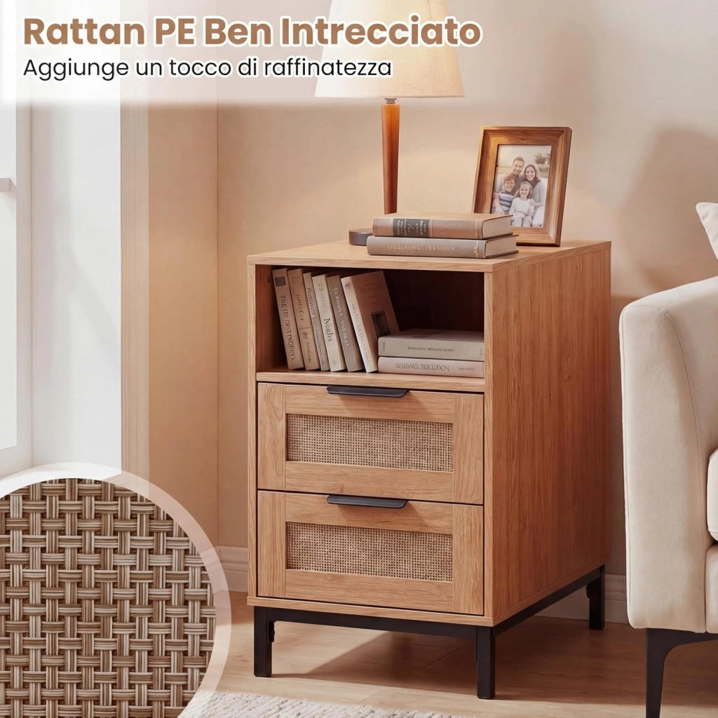 Tavolino con Stazione di Ricarica, Comodino in Rattan con 2 Cassetti, Ripiano Aperto e Gambe in Metallo, Tavolino per Camera da Letto, Soggiorno e Ingresso (Naturale)