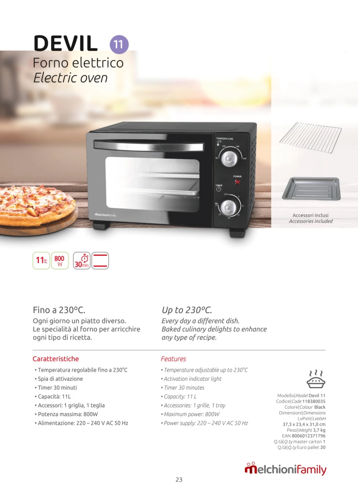Forno Elettrico Devil 11 Litri Fornetto Timer Melchioni Family 800W Teglia Grill