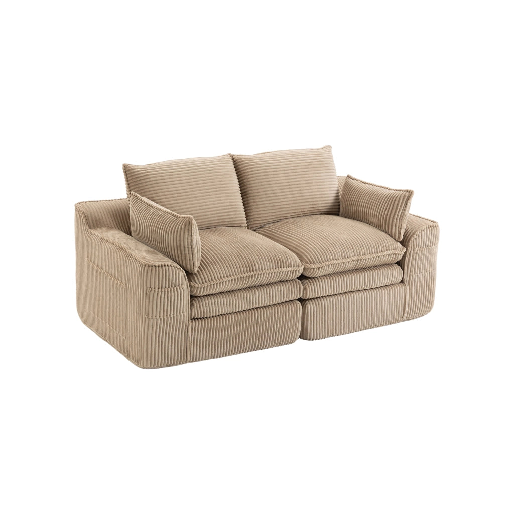Divano modulare 2 posti in velluto a coste color khaki con cuscini, tasche laterali e struttura in schiuma multistrato con molle