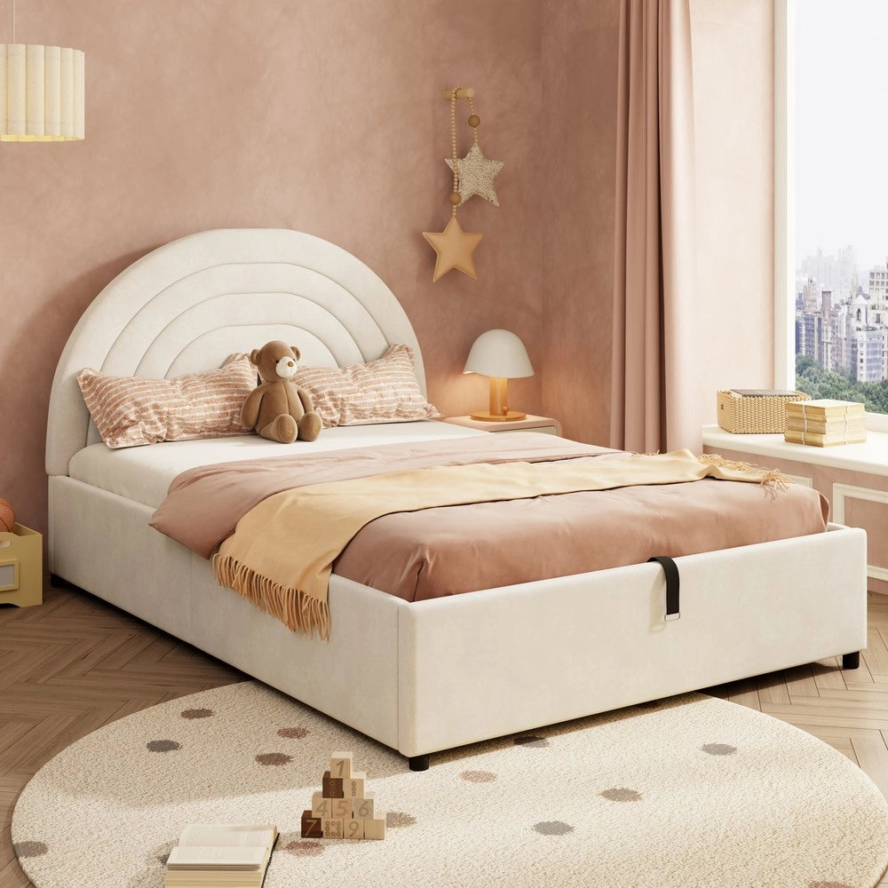 Letto Imbottito Singolo in Velluto con Testiera e Rete a Doghe ¨C Xylo ¨C Beige 140x190