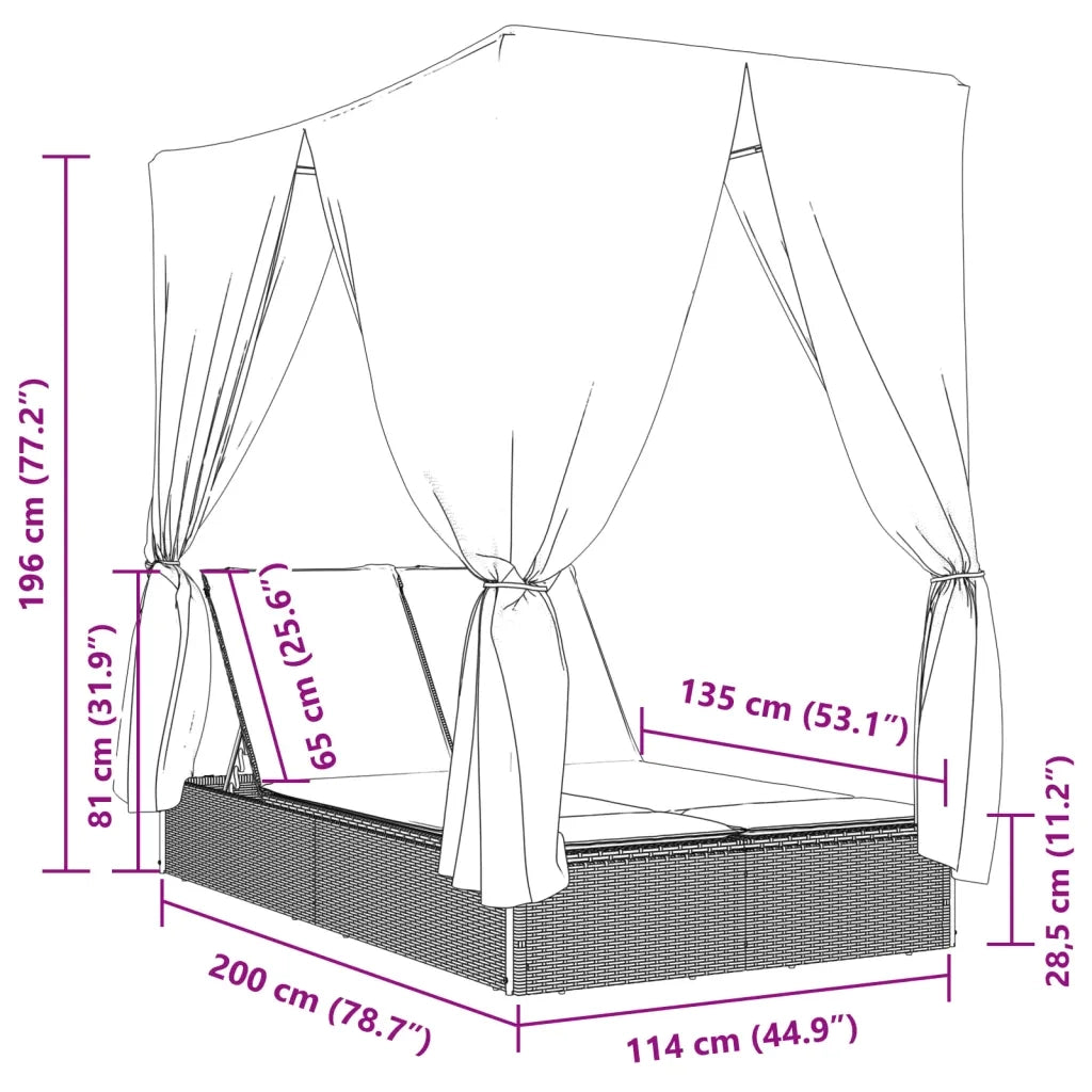 Lettino Prendisole con Tetto e Tende Nero in Polyrattan 368072
