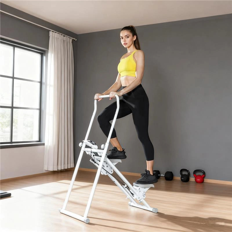 STEPPER VERTICAL CLIMBER PIEGHEVOLE CON IMPUGNATURA REGOLABILE, PEDALI ANTISCIVOLO E MONITOR LCD, BIANCO