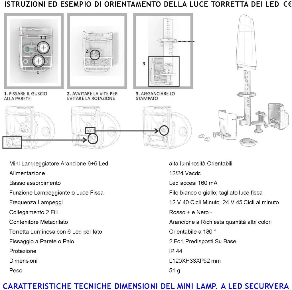 Lampeggiante 6+6 Led Luce Fissa o Intermittente Arancione Montaggio a Palo o Parete Monitore su Automatismi Avviso Pericolo Macchina in Movimento Alim. 12/24 V Contenitore Metacrilato Protezione IP44