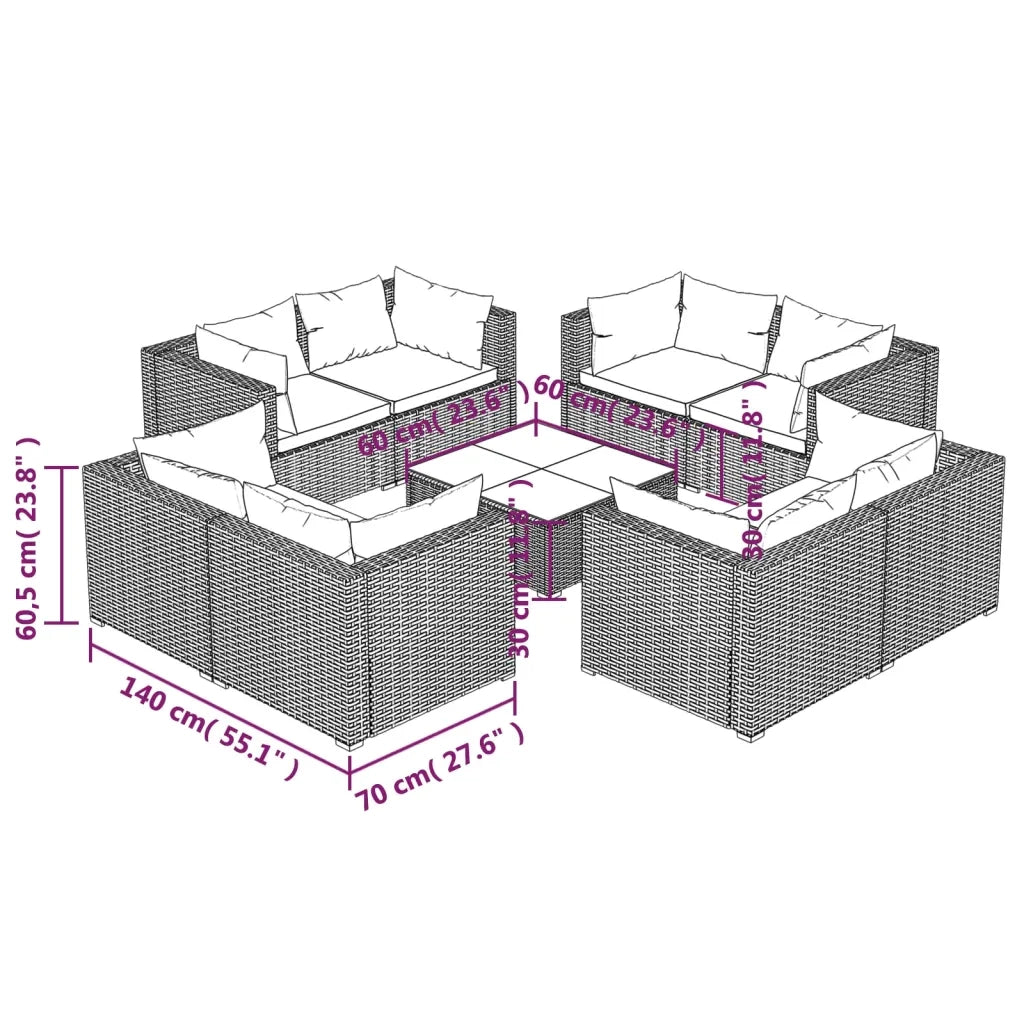 Set Divani da Giardino 9 pz con Cuscini in Polyrattan Nero 3101559