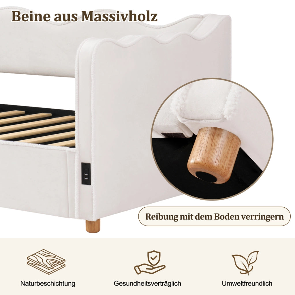 Letto daybed 90x200 cm con contenitore idraulico; velluto beige; con presa USB e Type-C