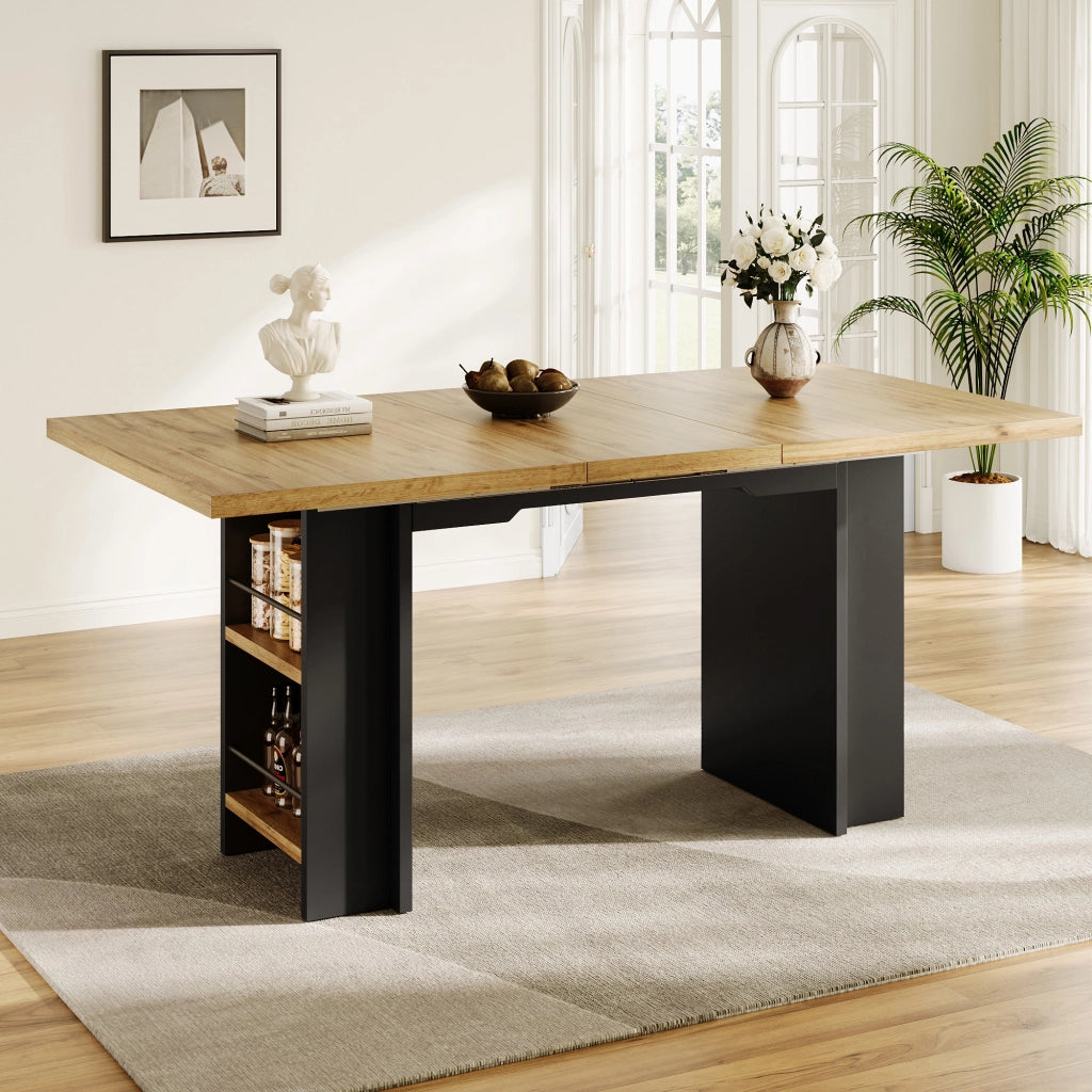Tavolo da pranzo - telescopico 120-160x80 cm - con ripiani - legno naturale - per cucina e soggiorno