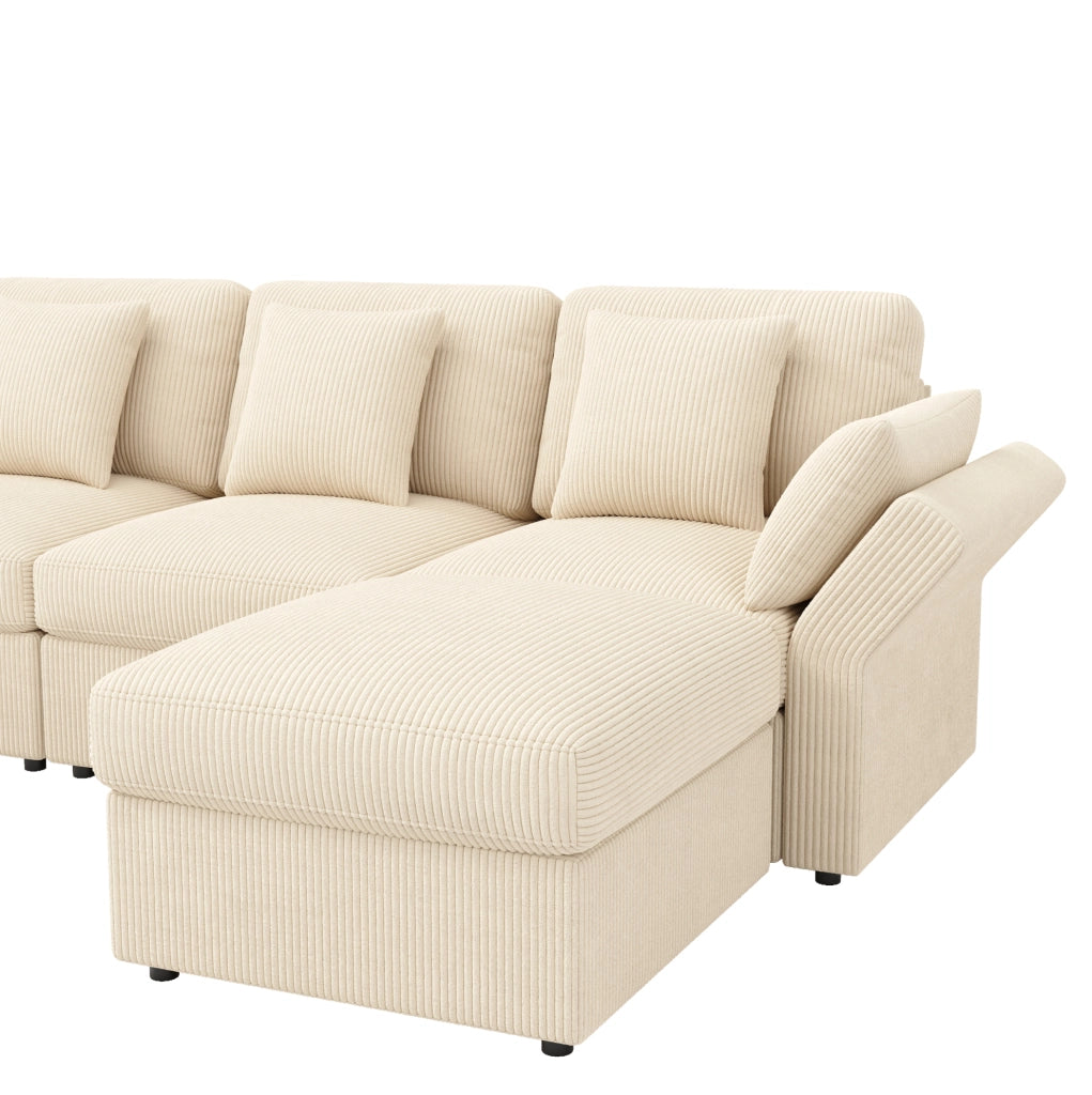 Divano angolare modulare a U in velluto a coste beige con pouf e braccioli regolabili