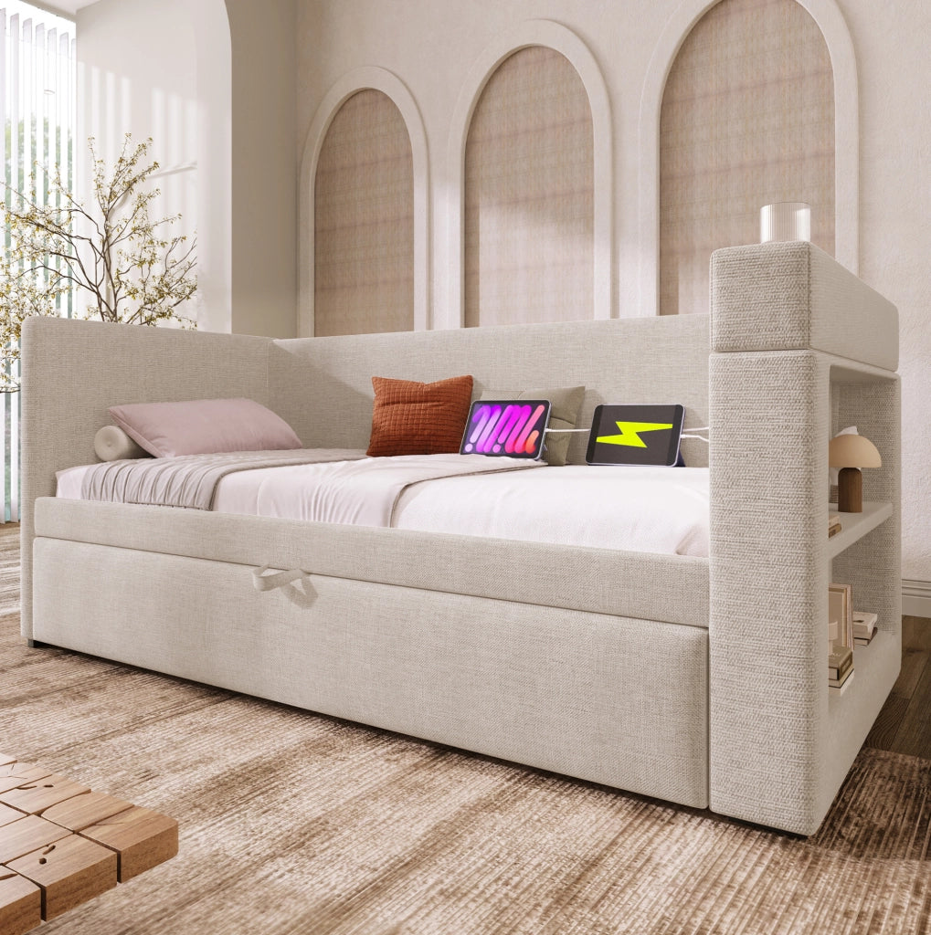 Daybed estraibile 90x190 cm con USB-C e portabevande beige