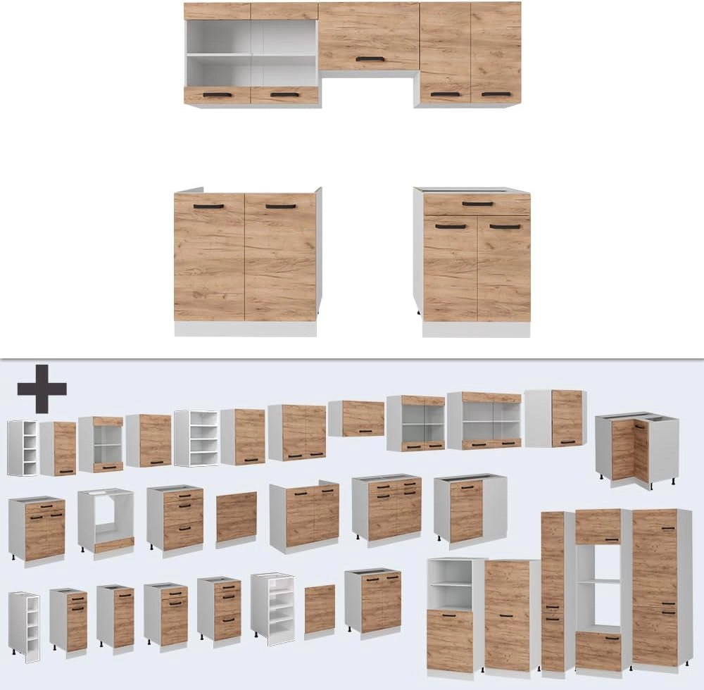 Cucina componibile R-Line, Quercia dorata/bianco, 200 cm senza piano di lavoro