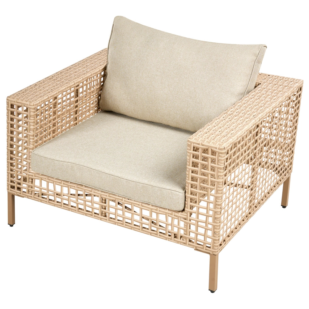 Set da giardino lato sinistro beige in rattan PE a 4 posti con cuscini tavolino e poltrona