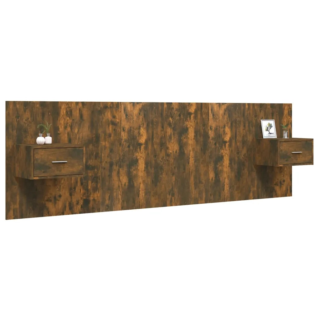 Testiera Letto con Comodini-Testiera con Contenitore in Legno Multistrato Rovere Fumo 785715