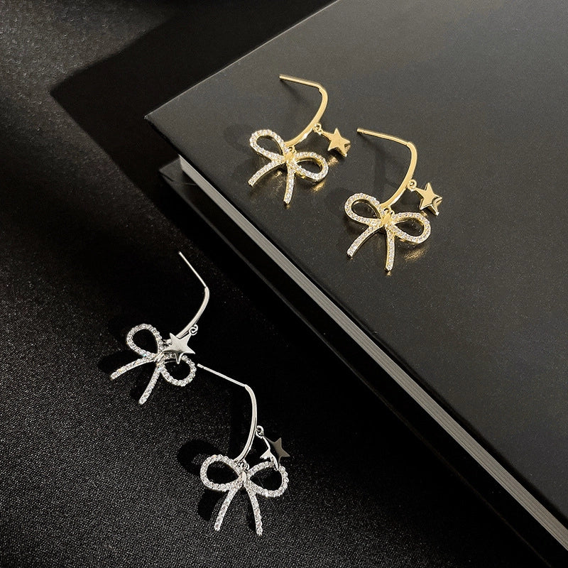 Nuovi orecchini a forma di fiocco e stella, in argento S925, orecchini a forma di fiocco femminile e stella a cinque punte