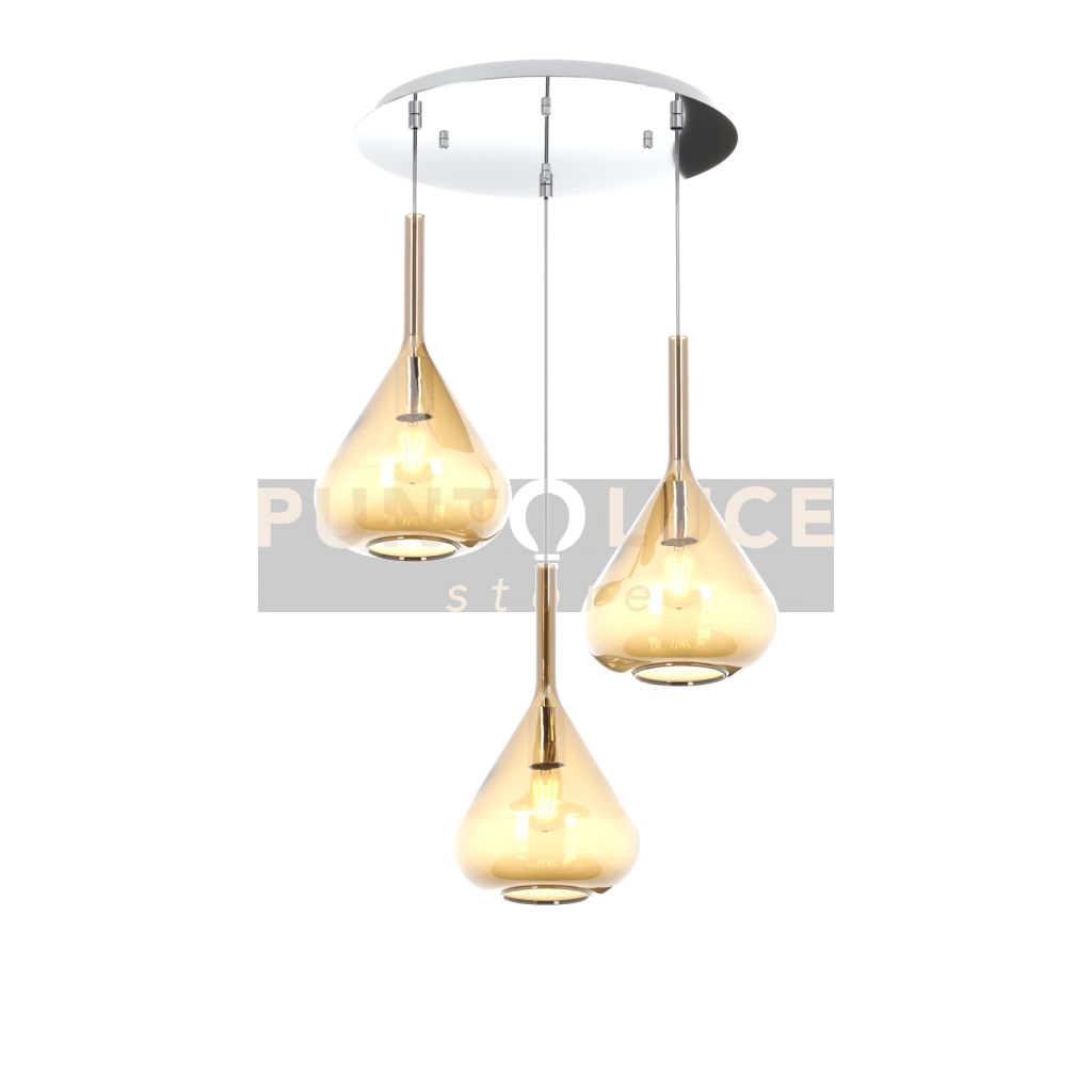 SOSPENSIONE CROMO 3 LUCI TONDA VETRI AMBRA 1177CR-S3 T-AM