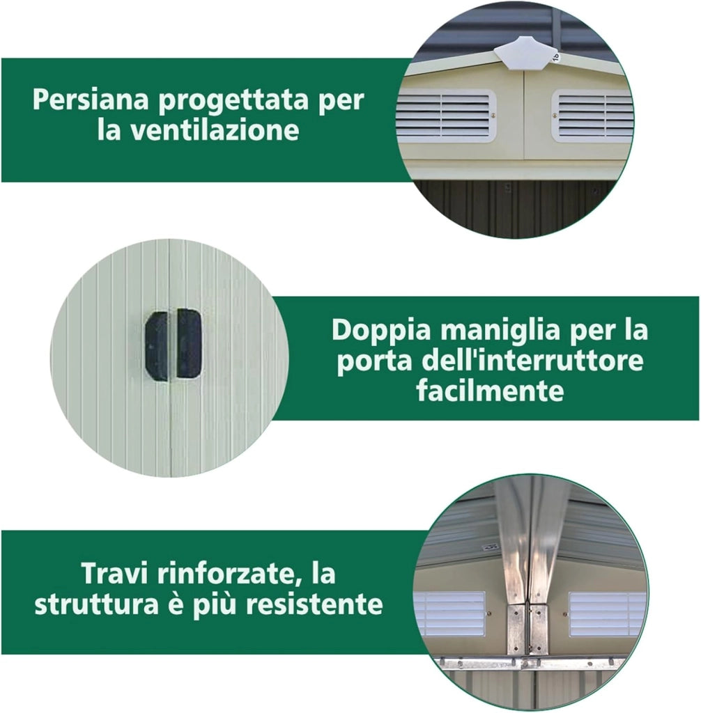 Casetta da Giardino 4,75㎡, Capanno da Esterno in Lamiera Zincata Resistente alle Intemperie con Porta Scorrevole e Tetto a Sella Galvanizzato con Ventilazione, 257 x 205 x 175,5 cm