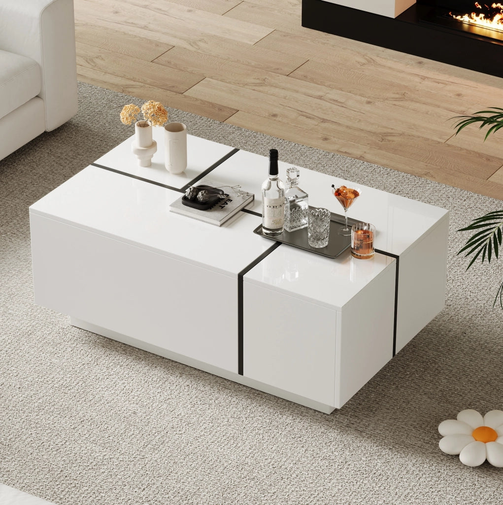 Tavolino da salotto moderno bianco e nero con 4 cassetti e piano lucido