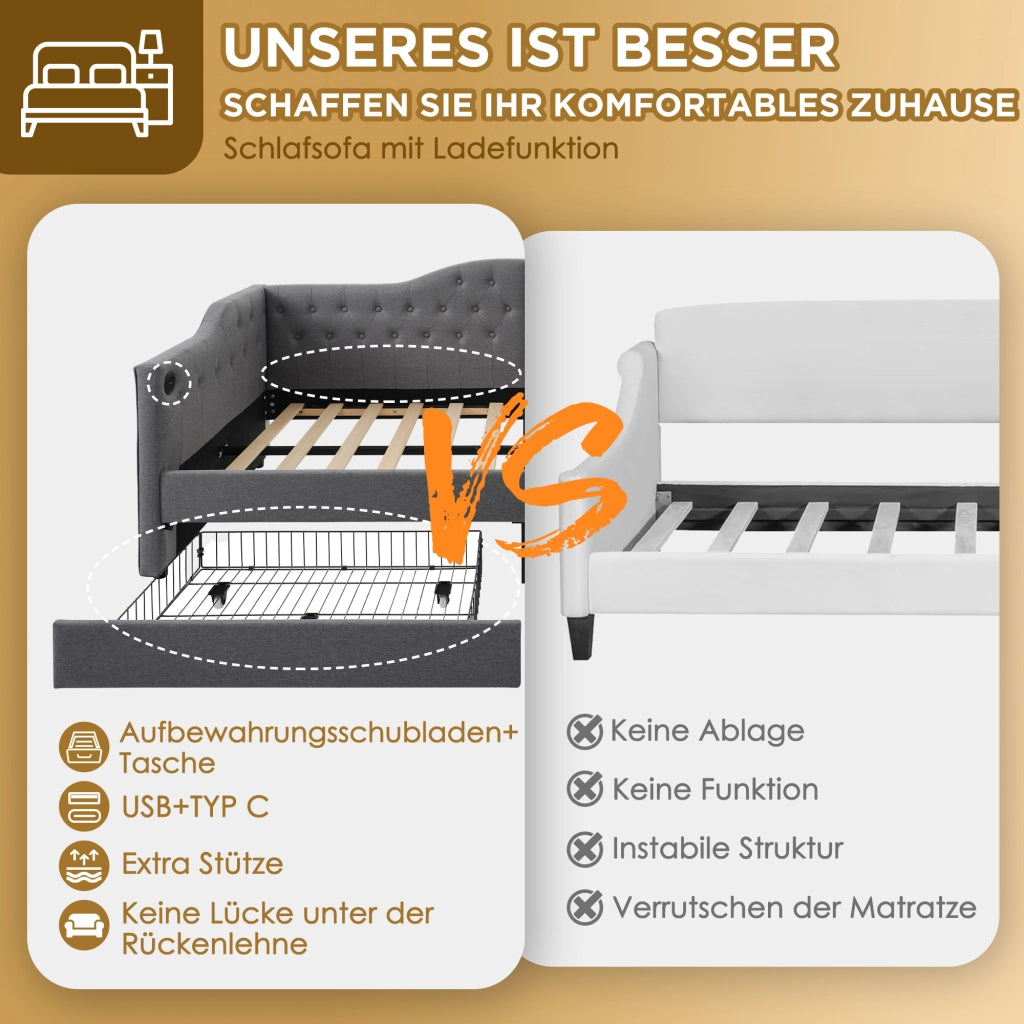 LETTO divano 90x190 cm in lino grigio con USB Type-C e 2 cassetti