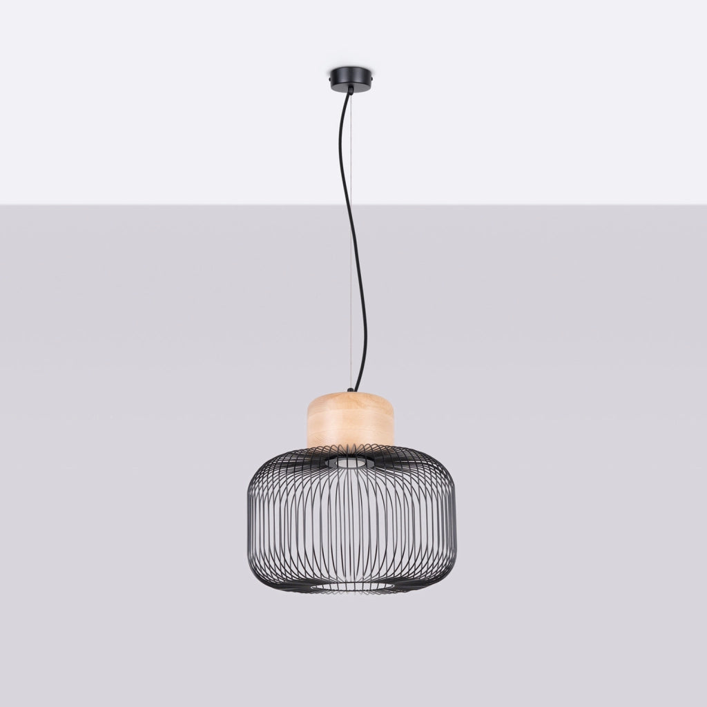 Lampada a sospensione industriale in acciaio e legno GABBIA Attacco E27 35/55 cm regolabile