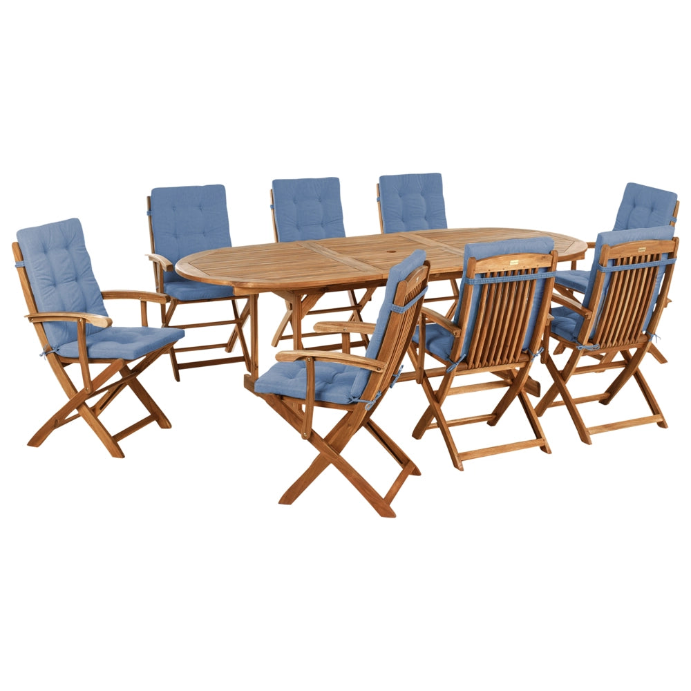 Set da pranzo da giardino con tavolo ovale sedie pieghevoli con cuscini blu a 8 posti Maui design rustico