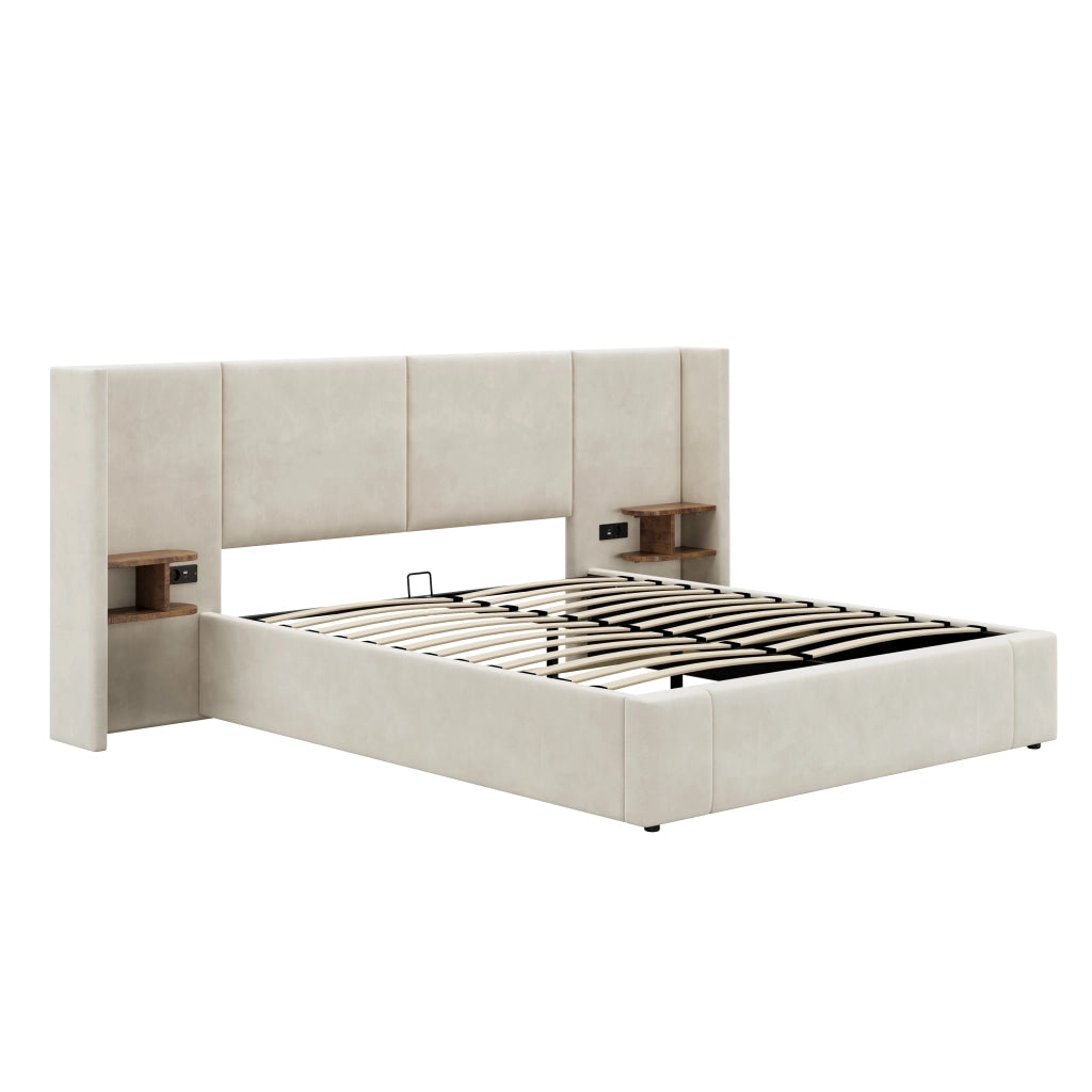 OKWISH Letto Contenitore 160×200 cm, Letto Matrimoniale con USB, Tipo C, Prese e 2 Comodini, senza Materasso, in Velluto, Beige