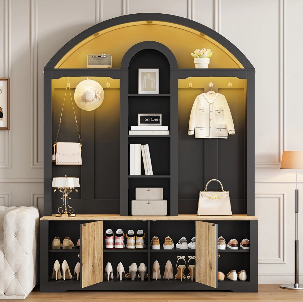 Garderoba da ingresso ad arco con ante; ripiani aperti e ganci; 150x40x195 cm; nero in MDF