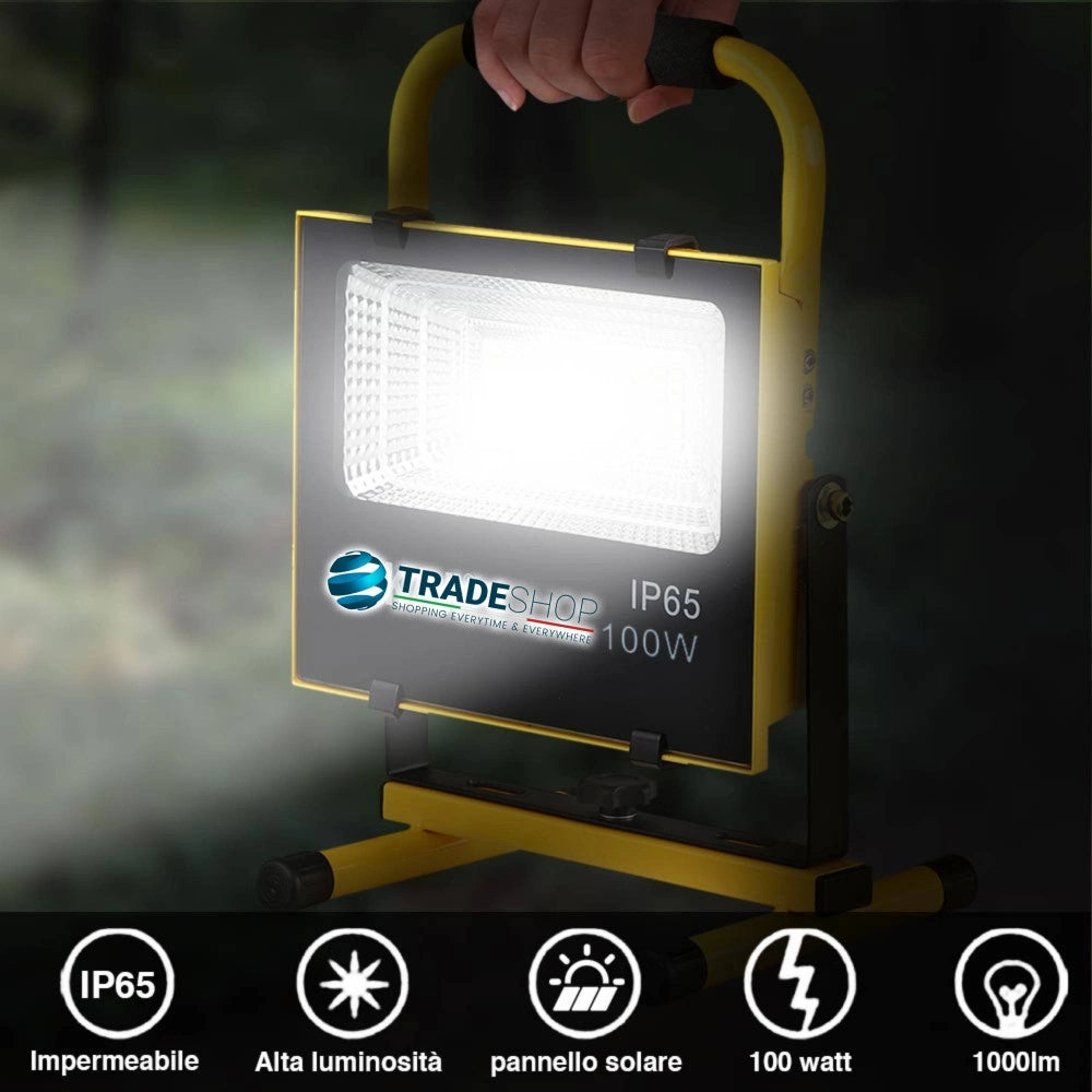Trade Shop - Lampada Faro Lavoro Portatile Con Pannello Solare 100w 1000lm Luce Emergenza Sos -