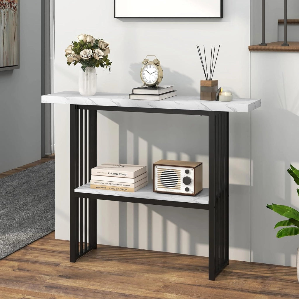 Tavolo Console da ingresso, 120 x 29,5 x 92,5 cm, piano in finto marmo e telaio in metallo, tavolino ausiliario con 2 ripiani, risparmio di spazio, tavolo da soggiorno, corridoio (bianco+nero)