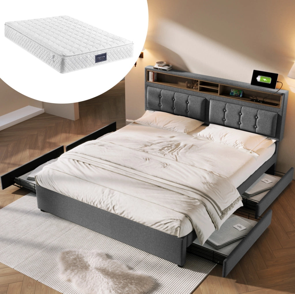 Letto imbottito 140x200 cm con 4 cassetti; testiera regolabile; USB e Type-C; grigio