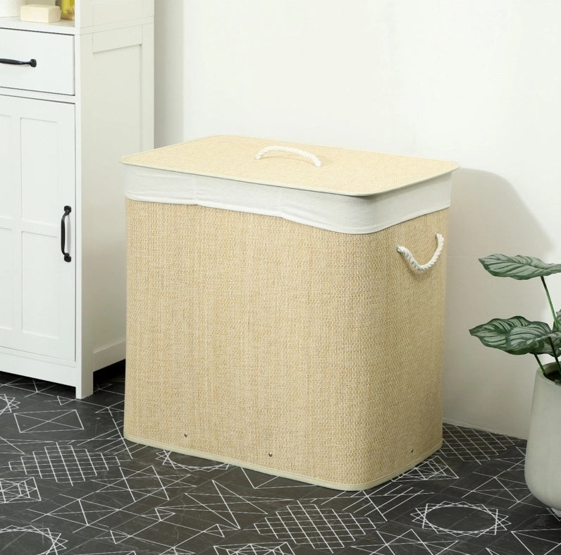CESTO PORTABIANCHERIA 144 L con Coperchio in Bambù Color Crema