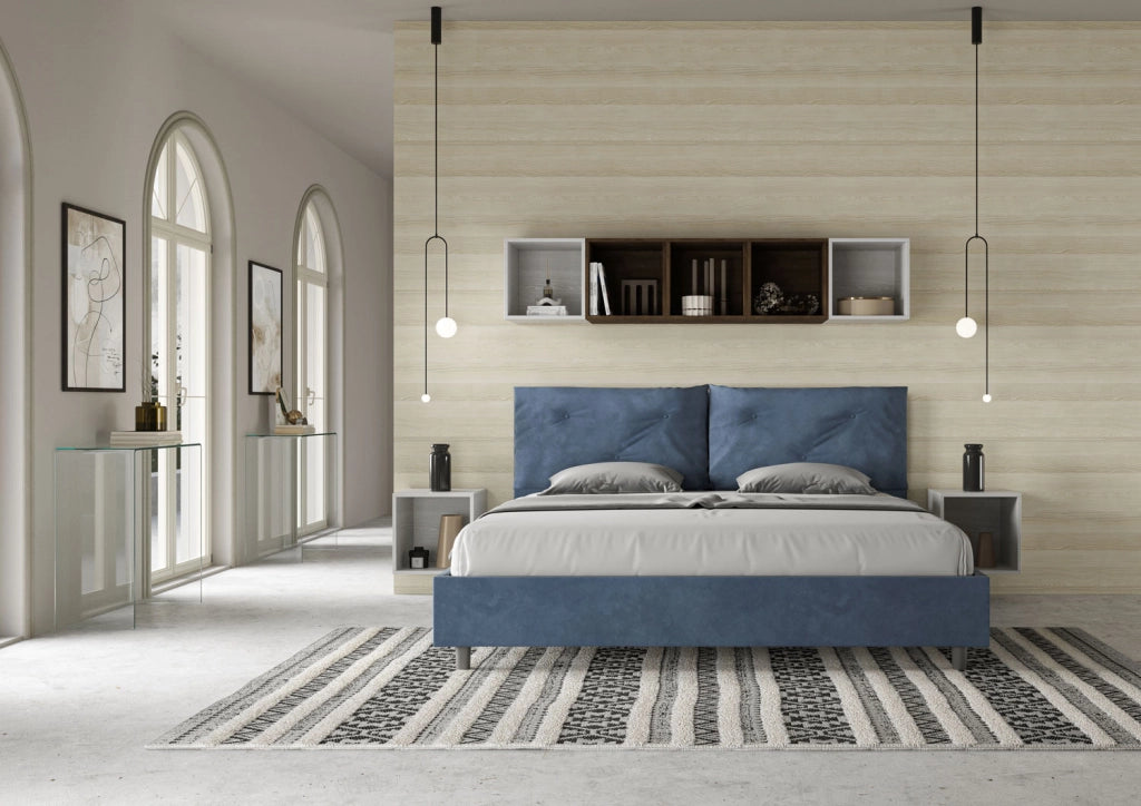 BS COM Letto matrimoniale king size con rete imbottito 190x200 microfibra blu Large